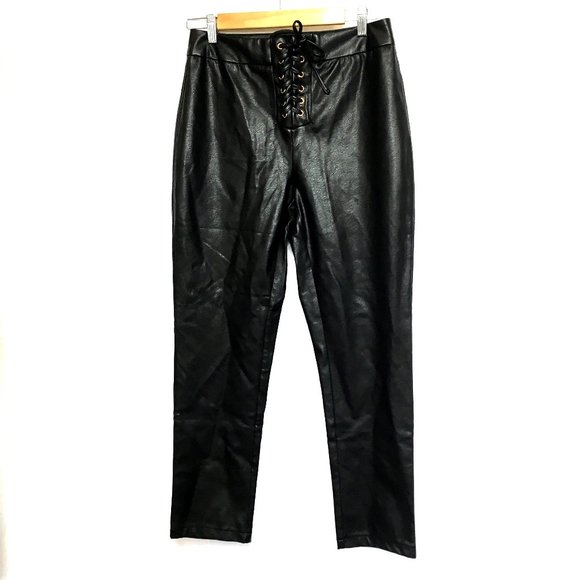 Kittenish Lace Up Front Blk Faux Leather Pants EUC - Picture 1 of 14